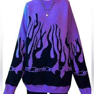Alternative Grunge Black and Purple Flame Oversized Pullover Knit Sweater